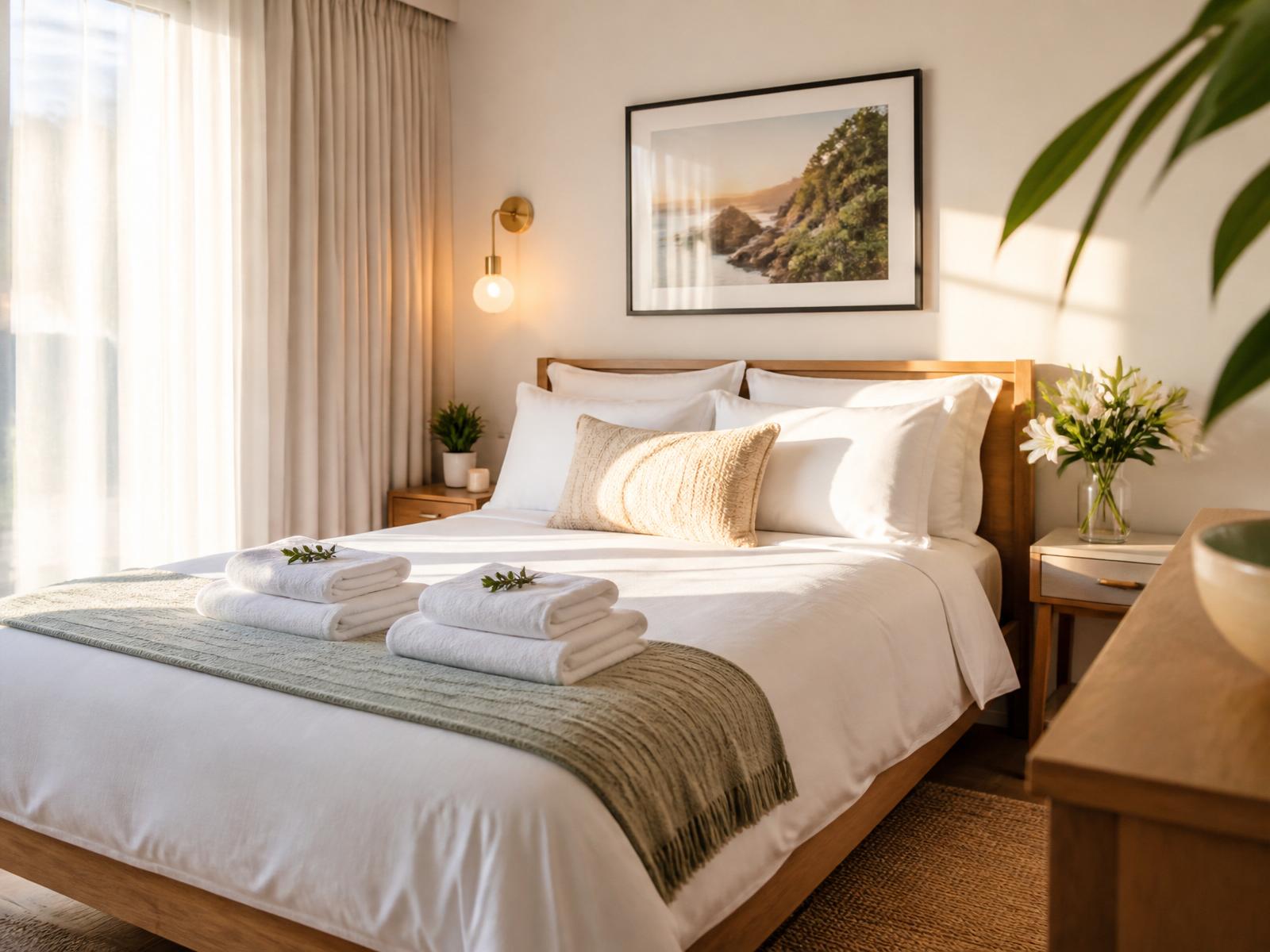 Vers opgemaakte Airbnb slaapkamer met opgevouwen handdoeken